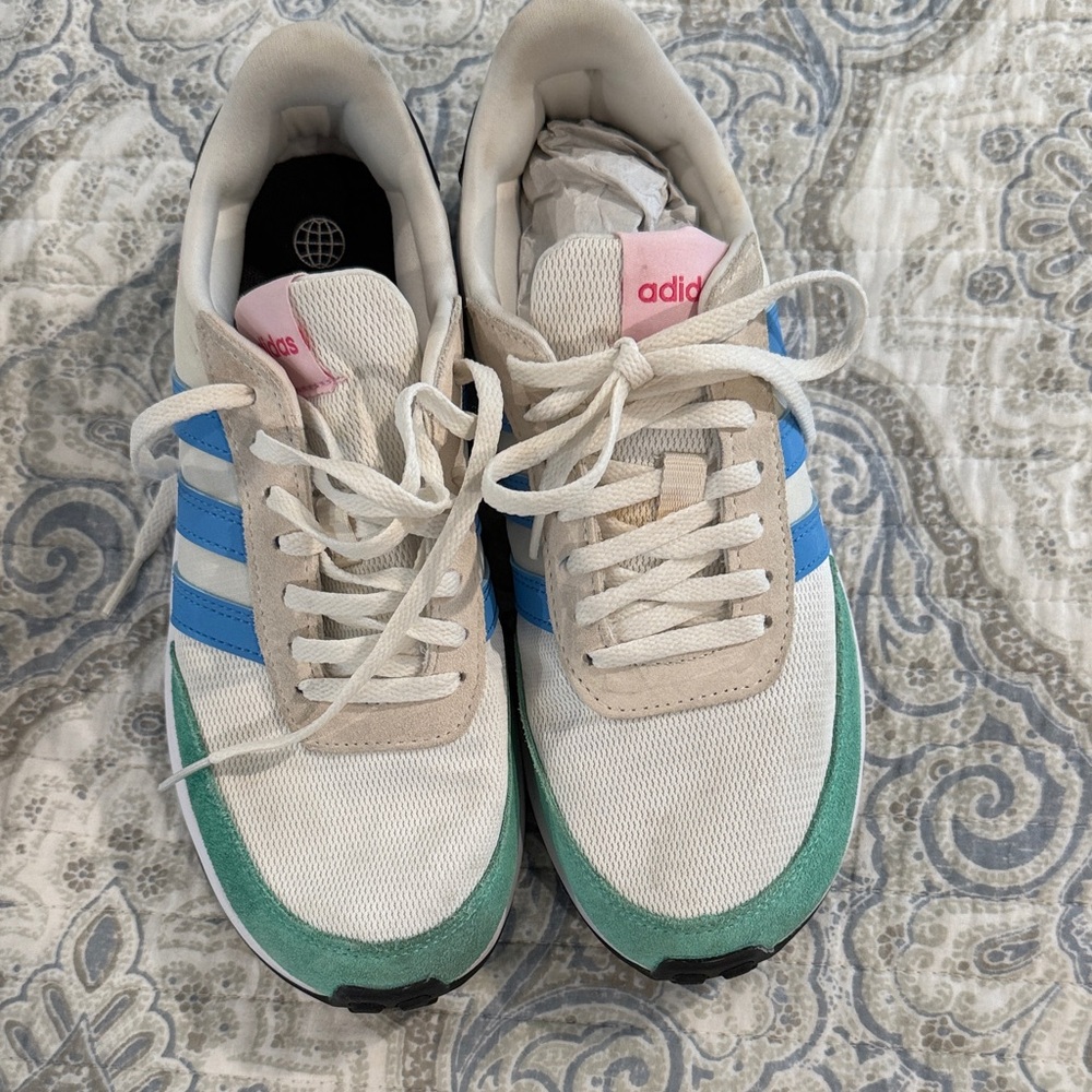 Adidas White and Blue Sneakers with Green Accents